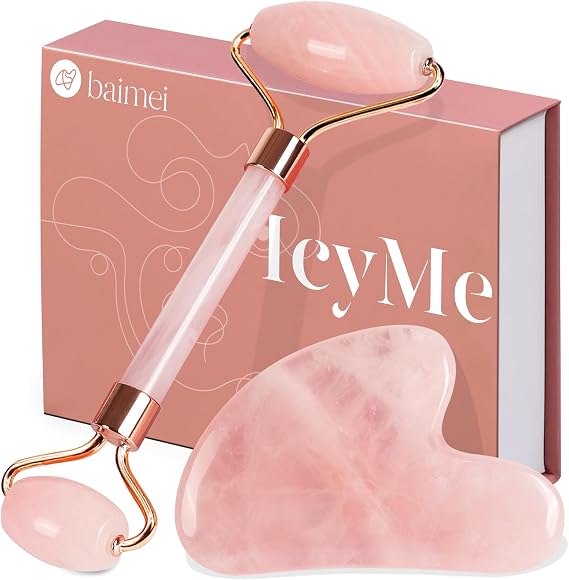 BAIMEI Çift Taraflı Cilt Masaj Aleti Rose Quartz Roller & Gua Sha Set Kutusu ve kesesi ile
