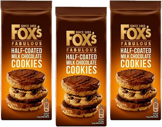Fox's Fabulous Half Coated Milk Chocolate Cookies 175g | Chocolate Biscuits | Chocolate Chunky Cookies | Chocolate Coated Bread | Available for Hampers and Gifts on all Occassions (Pack of 3)