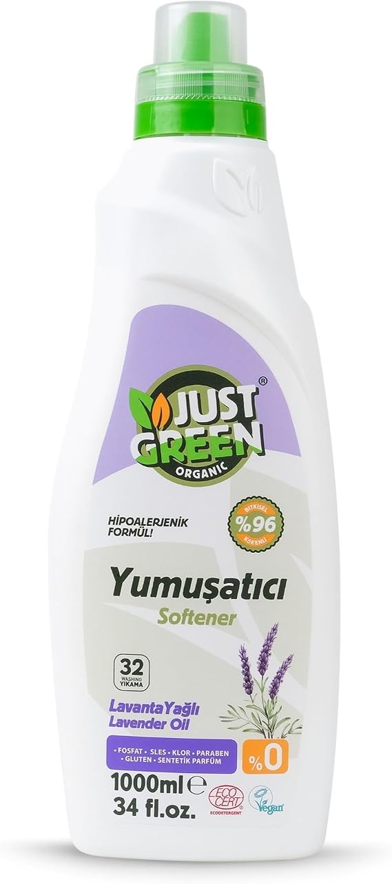 Just Green Organic Çamaşır Yumuşatıcısı, Lavanta Yağlı Bitkisel Bazlı Sıvı Yumuşatıcı, Hipoalerjenik, Vegan, Ecocert Sertifikalı, 32 Yıkama, 1000 ml