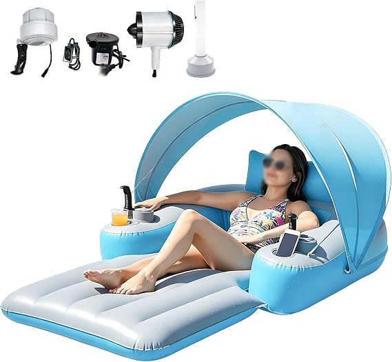 Motorized Pool Float, Folding Motorized Pool Lounger with Canopy, 300Ibs Load Bearing, 360° Rotatable Electric Propeller, Adults Inflatable Recliner for Party Lake, Summer Water