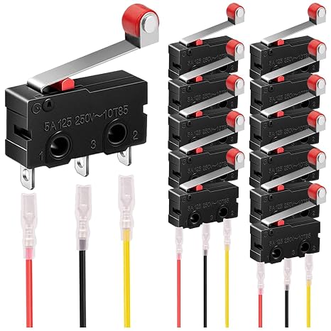 12St. Mikro-Endschalter 5A 125V 250V AC SPDT 1NO 1NC 3polig 19mm kurzer Scharnier-Rollenhebel-Schalter mit Rastfunktion und Klemmen für Elektronikprodukte Haushaltsgerät