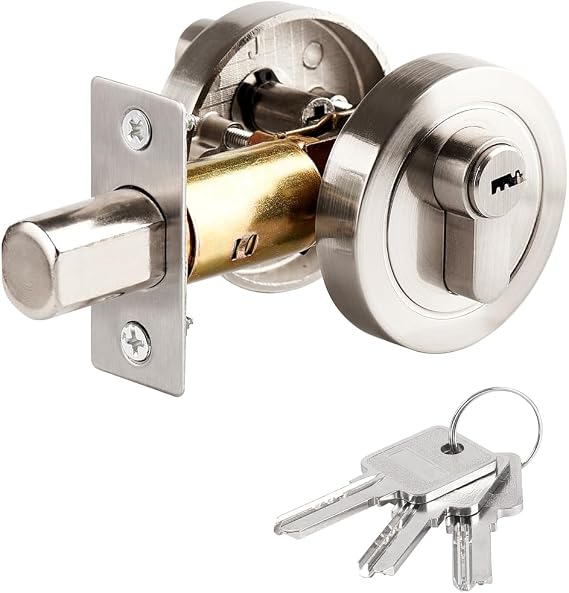 Single Cylinder Deadbolt Round Security Lock With Key - Zinc Alloy Standard Size for Bathroom, Bedroom, Entrance - Interior and Exterior Door Lock