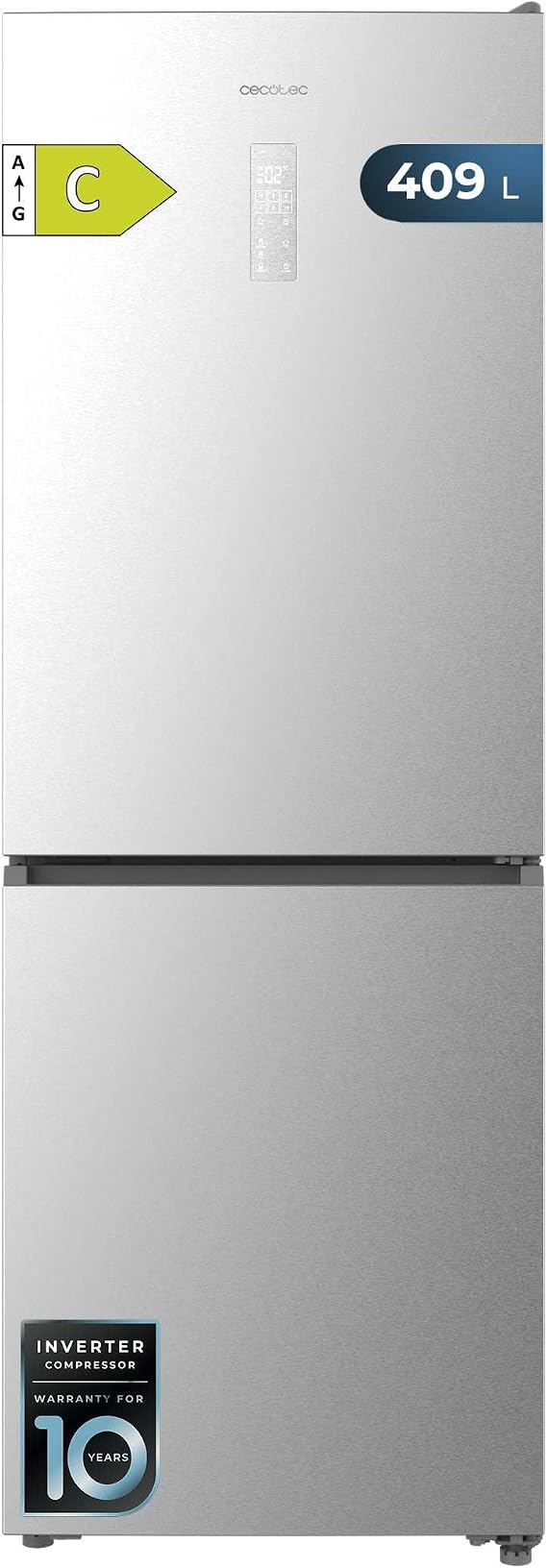 Cecotec Refrigerator Combi 409L Total No Frost Bolero CoolMarket Combi 409 Stainless Steel C. Height 185 cm, MAX INSIDE with VIP Tech, Inverter Plus Compressor, Low Consumption, Variable Temperature [Energy Class C]