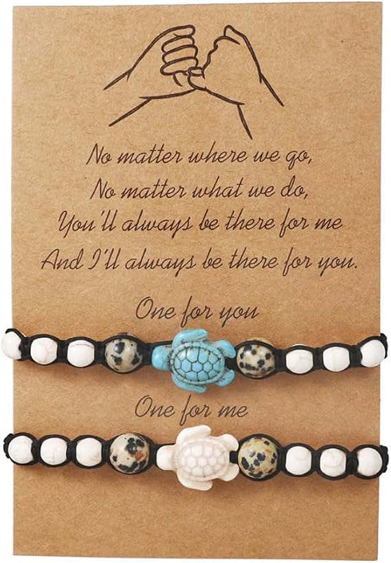 GAUEIOUR 2Pcs Sea Turtle Beads Bracelets For Women Men Couple Turquoise Retro Boho Woven Bracelest Beads with Card For Adjustable Good Friend Friendship Jewelry