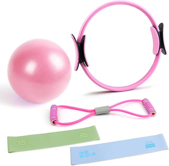 Pilates Ring Equipment Set, Including Pilates Ring & Ball Exercise Bands Resistance Bands, Home Gym Fitness Equipment for Yoga, for Strength, Body Toning, Full Body Workout Kit Women and Men
