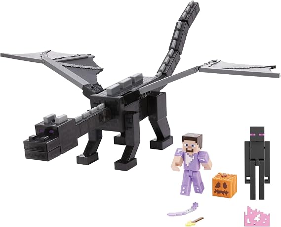 Minecraft Ender Dragon Action Figures Set, Lights, Sounds & Mist with Steve & Enderman 3.25-in Scale Figures, HTN25