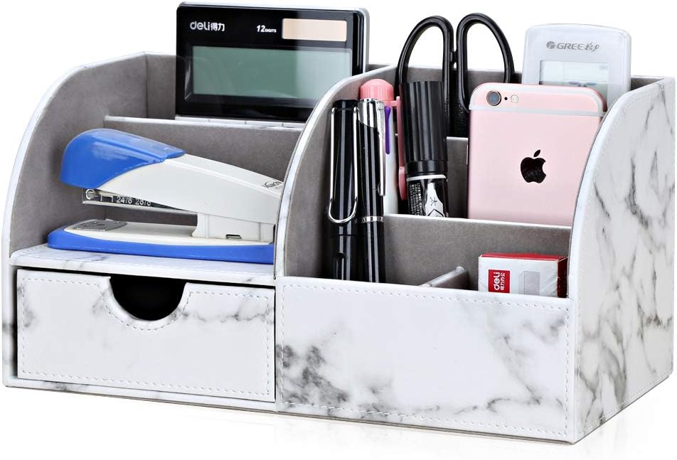 KINGFOM PU Leather Desk Storage BoxStorage Case, Desktop Organizer, Pen Pencil Holder, Stationery Storage, Stationery Stand, Remote Control, Small Items, Storage Drawer, Stylish White Marble