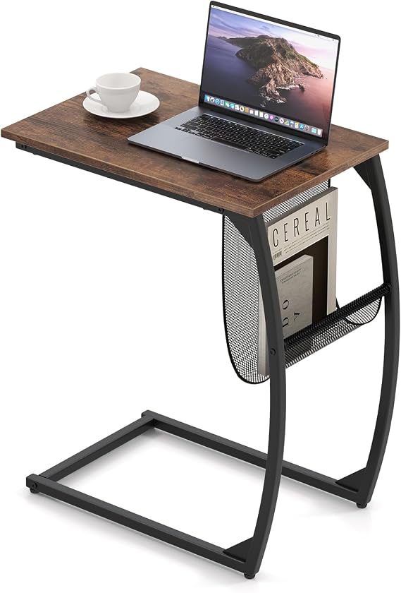 COSTWAY C-Shaped Sofa Side Table, Industrial Bedside End Table with Magazine Holder Sling, Metal Frame Wooden Narrow Overbed Coffee Tea Table for Living Room, Bedroom and Office