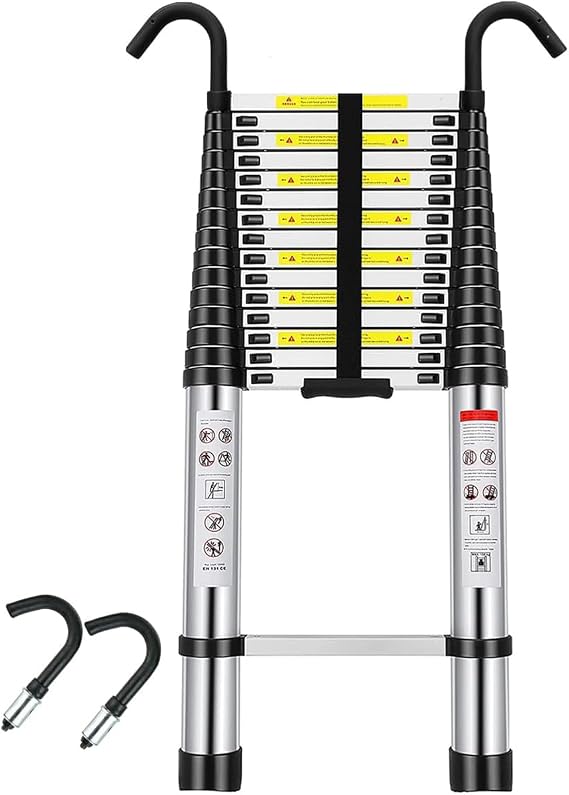 6.2M Telescoping Ladder Aluminum Lightweight Telescopic Ladder with 2 Detachable Hooks and Non-Slip Feet, 20.34FT Extension Ladder Ladders 330Lb Capacity