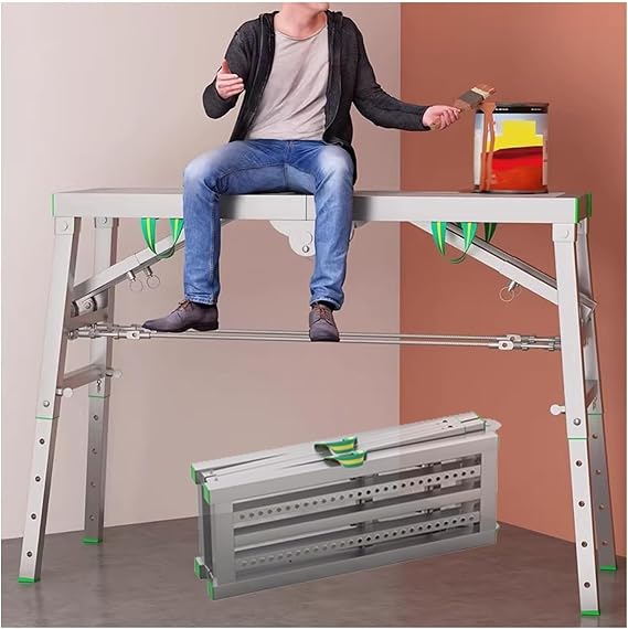 Adjustable Height Work Platform, Portable Folding Scaffolding Work Platform Scaffold Tower Ladder Stool Bench, Carbon Steel Structure(120cm/3.9ft)