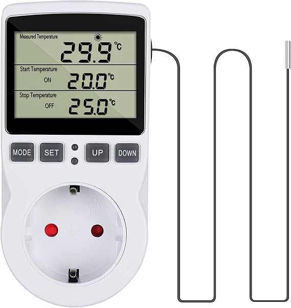 Temperature Controller Socket 230 V with Sensor Digital Thermostat Socket Temperature Switch with Timer and Probe Socket Thermostat for Greenhouse Terrarium Aquarium Heating Cooling