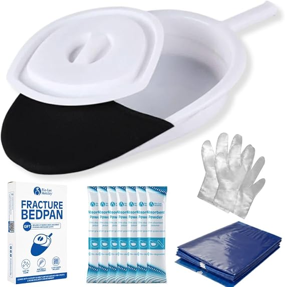 Bio-Lec Mobility Fracture Bed Pan with Handle | Portable & Lightweight Bedpan for Men & Women | Easy Clean, Cloth Cover & Odour-Control Lid | Includes 7 Liners, Absorbent Pads & Gloves