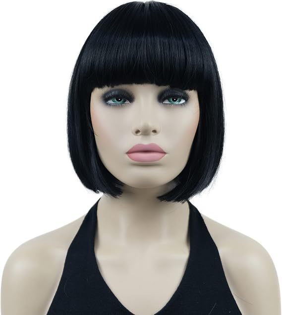 Lydell 8" Straight Short Bob Wig Cute Flat Bangs Synthetic Wigs Black