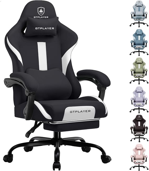 GTPLAYER Fabric Gaming Chair, Ergonomic Computer Chair with Footrest Lumbar Support Heavy Duty High Back Adjustable Height Svivel Office Desk Chairs (White)