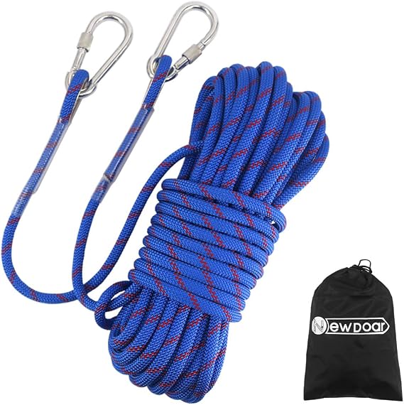 NewDoar 18KN Static Climbing Rope 10mm Accessory Cord Equipment 33FT(10M) 66FT(20M) 98FT(30M) 165FT(50M) Escape Rope with 2 Carabiners for Ice Climbing Fire Rescue Rope Safety Rope