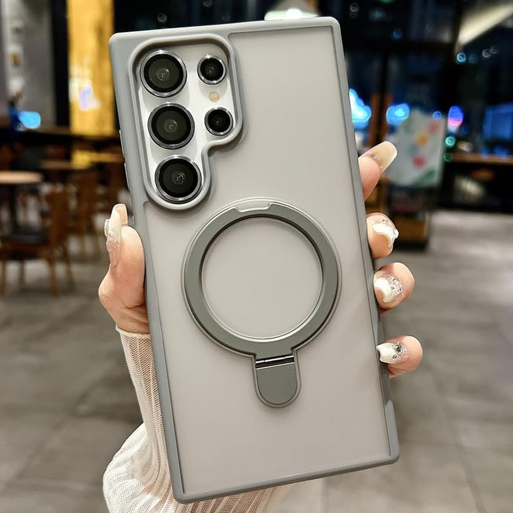Coverzone Samsung Galaxy S24 Ultra ile Uyumlu Mat Transparan PhaqntomRing MagSafe Destekli Standlı Kılıf, Kamera Lens Hediyeli Darbe Emici Şık Tasarım Titanyum