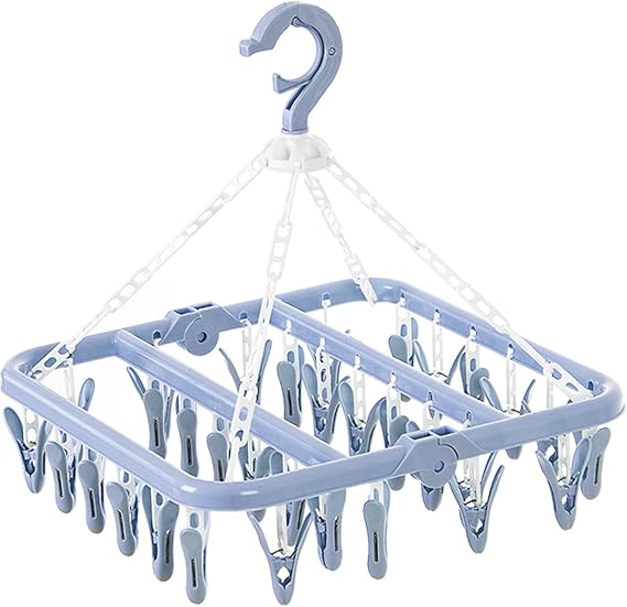 Laundry Clothes Drying Hanger and Drip Foldable Drying Rack Hanging Sock Rack with 32 Clips (Nordic Blue)