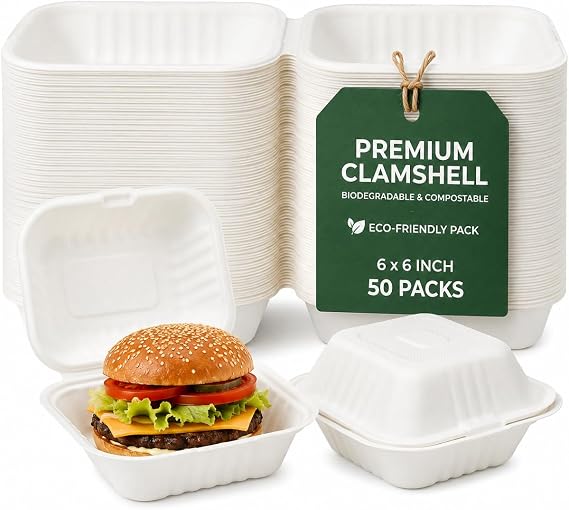 Eco-Friendly Clamshell Takeaway Boxes – Disposable Food Containers with Lid, Biodegradable Sugarcane Bagasse, Leak Resistant & Microwave Safe 6x6 Inch (Pack of 50)