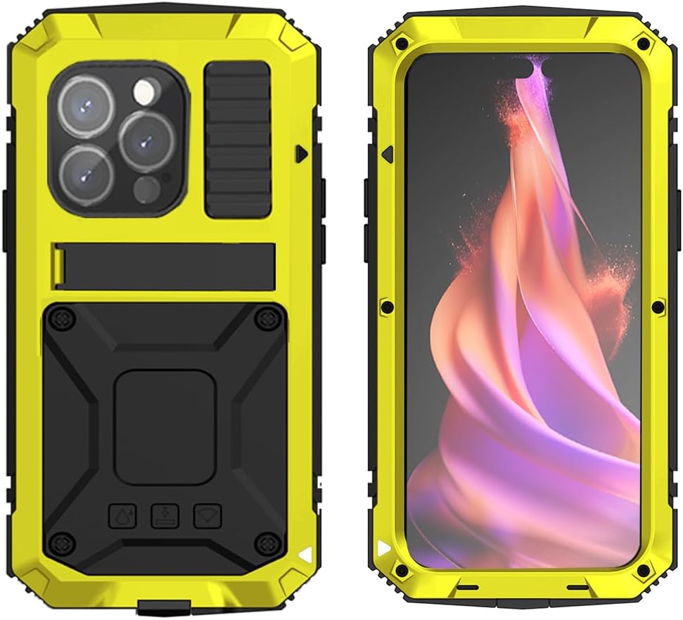 メタルケース iPhone 15 Pro Max用 アルミニウム ミリタリーグレード アーマー 頑丈なケース メタルスタンド付き スクリーンプロテクター 落下試験済み 耐衝撃 フルカバーケース iPhone 15 Pro Max用 イエロー