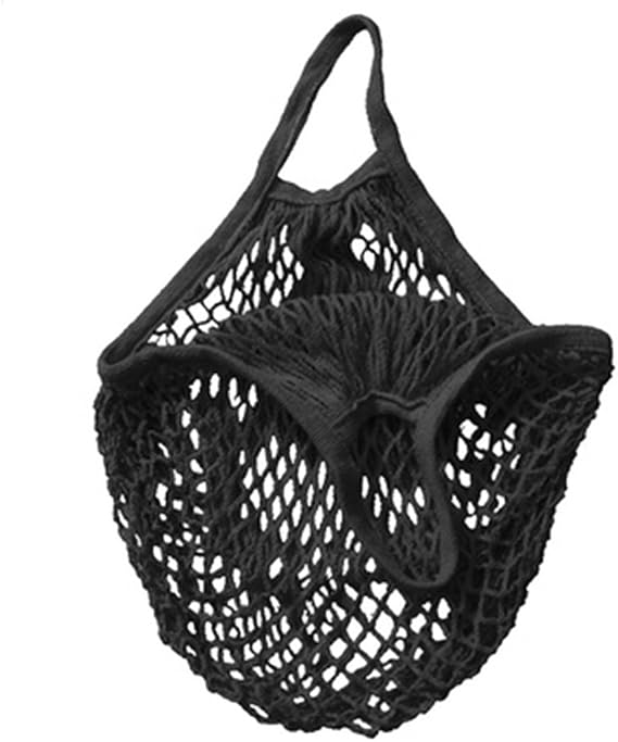 Mesh Bag Organic Cotton String Shopping Tote Net Woven Re-usable Bag (Black)