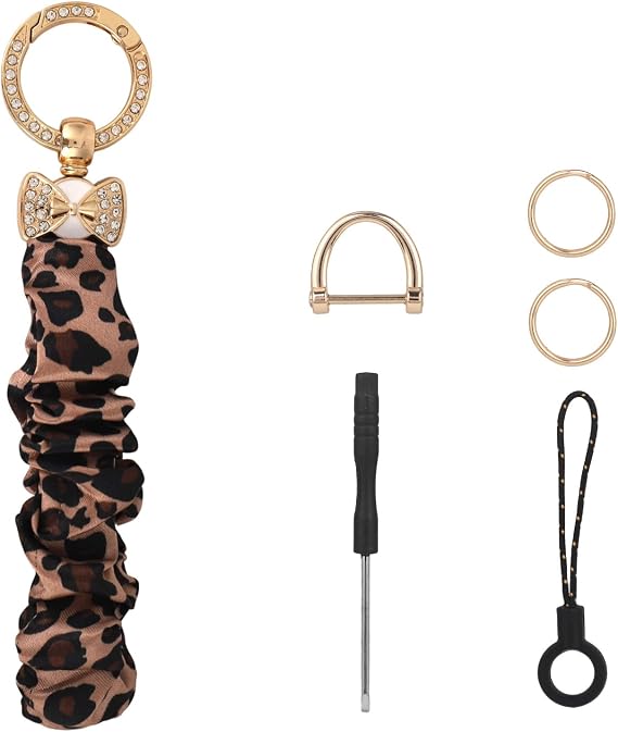 Scrunchie Keychain Wristlet for Woman, Cute Leopard & Bow Stretchy Wrist Keychain Bracelet with D-Ring Wrist Lanyard Bracelet for Car Keys Cell Phone Camera Bag Purse Backpack ID Card