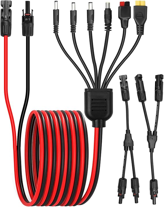 Güneş Paneli Uzatma Kablosu Kiti, 16AWG 1 ila 6 Bölücü Güneş Kablosu ve 14AWG Y-Şube Paralel Güneş Konnektörü XT60'a Anderson DC7909 DC6530 DC5521 DC35135 Taşınabilir Güç İstasyonu Kamp için