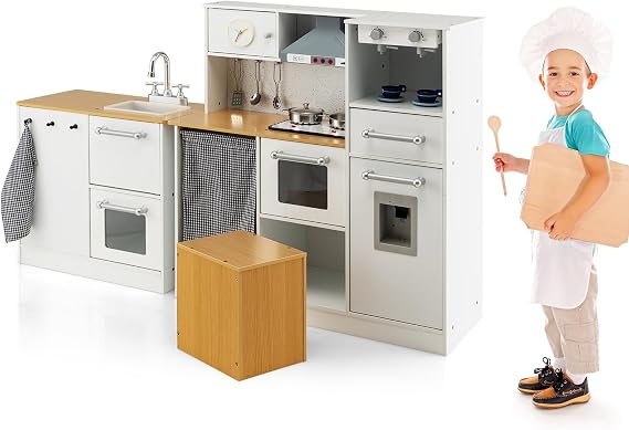 HOMASIS Children's Kitchen with Light & Sound Wooden Play Kitchen Toy Kitchen Including Stool & Kitchen Accessories Corner Kitchen Doll Kitchen Play Set Children's Play Kitchen Toy Set for Children from 3 Years