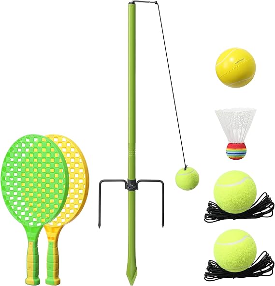 Portable Tetherball Set for Kids, 3-in-1 Tennis, Badminton & Tetherball Game, Height Adjustable Pole with Ground Socket, Outdoor Garden Lawn Sport Equipment for Adults Family