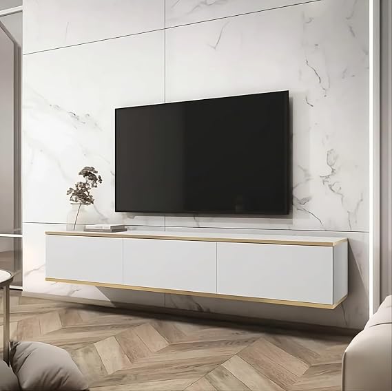 Arthauss White Floating TV Cabinet with Storage 175cm - Stylish Floating Entertainment Centre, Wall Mounted Media Console, Floating TV Shelf - Modern Floating TV Stand for Contemporary Homes