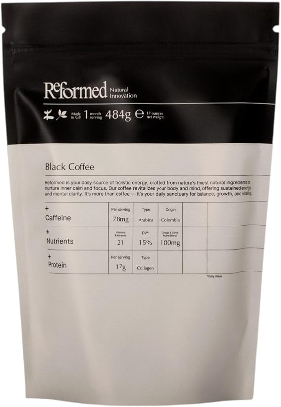 Reformed Collagen Black Coffee I High Protein, Hydrolysed Collagen (Bovine), Functional Mushrooms, 21 Vitamins & Minerals, Instant I UK Made I 1 Month Supply