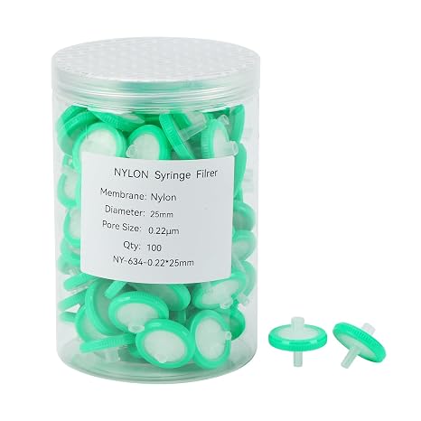 Syringe Filter Nylon Hydrofilic Membrane 25mm Diameter 0.22um Pore Size, Syringe Lab Filters, Non Sterile, Pack of 100 (25mm 0.22μm)