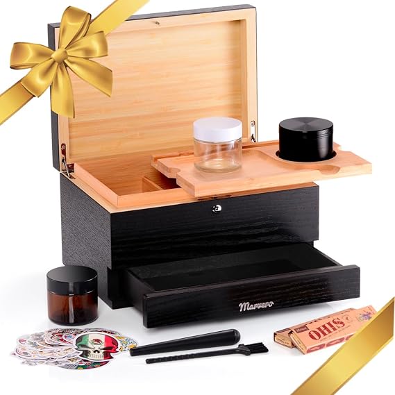 Large Bamboo Stash Box with Rolling Tray,Black