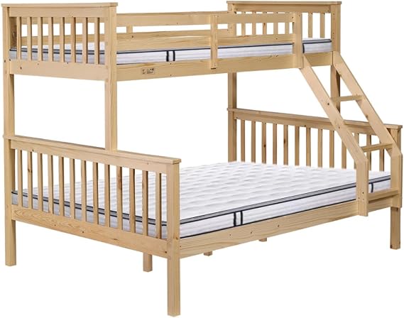 Ultra-Sturdy Solid Pine Triple Bunk Bed Secure Golden Oak Finish Certified Safety Rails