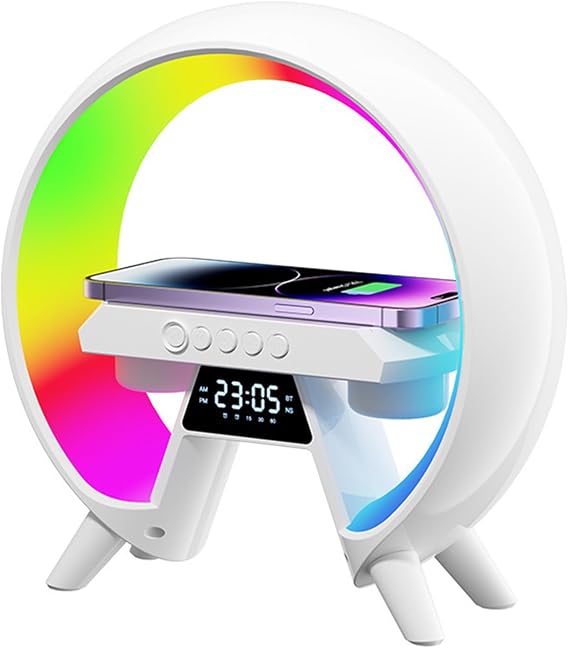 LED Table Lamp with Wireless Charger, G Shaped Lamp Phone Charger, Bluetooth Speaker Charger Light, RGB Color Changing Ambient Night Light Alarm Clock Charger Stand Table Smart G Lamp Bedroom