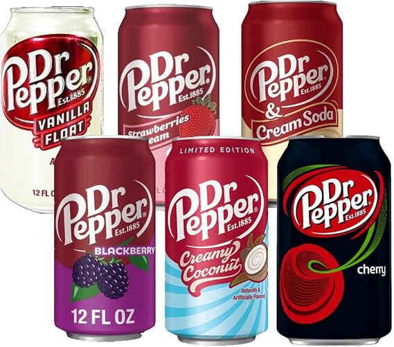 Dr Pepper 355ml Mixed Cans - Vanilla Float, Cherry, Cream Soda, Strawberries & Cream, Blackberry & Creamy Coconut - Assorted Flavors - Pick Any Number of Cans