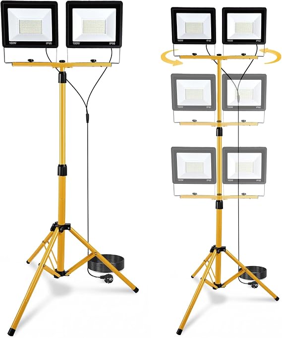 Yigowyigo Construction Spotlight LED with Tripod, 2 x 100 W 21000 LM Construction Site Lamp, 5 m Cable, IP66 Waterproof, 72 LEDs, 360° Rotatable Construction Spotlight, Height-Adjustable Construction