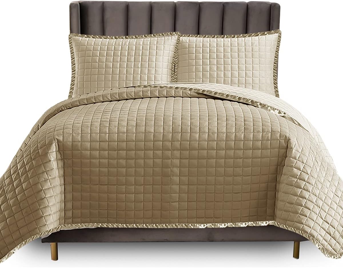 PRIME LINENS Quilted Comforter Double Bedspreads & Coverlets 100% Cotton Beautiful Silk Border Complete Quilt Bedding Set with 1x Bedspread + 2 Pillow Shams (Osca Beige)