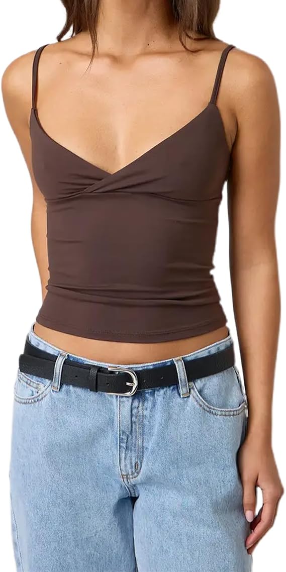 Edhomenn Women's Y2k Pleated Camisole Mini Bowknot Front Spaghetti Strap Lace Vest V-Neck Cropped Tank Tops Sexy Low-Cut Tops