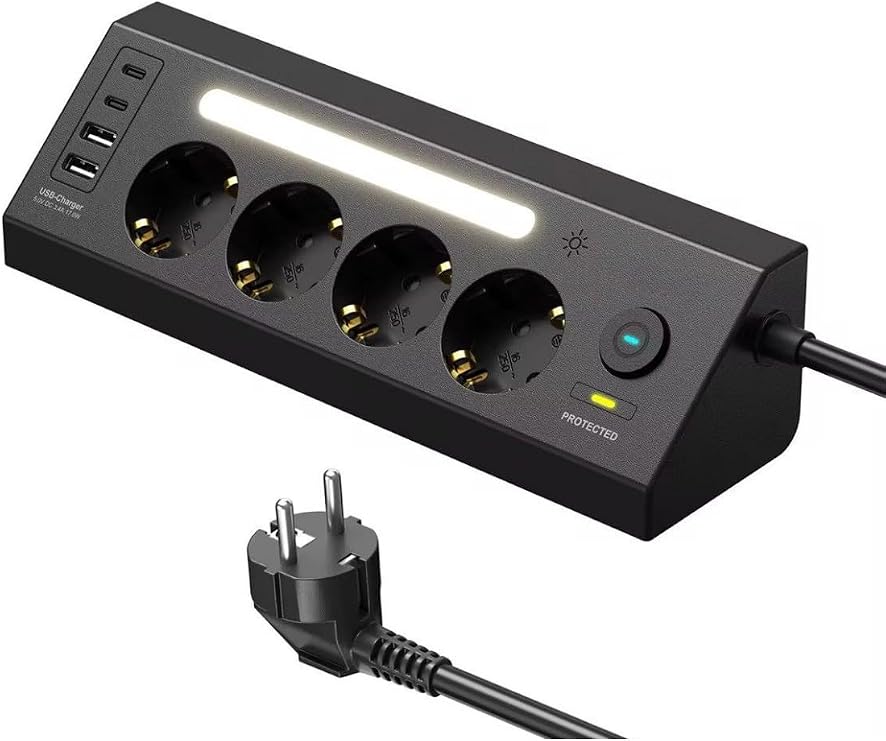 Current Proof Multi Socket | 4 Socket Inputs + 2 USB-C + 2 USB-A Outputs | 2 Meters Cable | LED Illuminated | Fast Charging and Safe Use