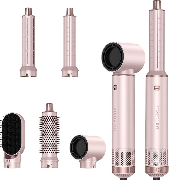 Dryhsip Hair Dryer Brush, 5-in-1 Hot Air Brush, Blow Dryer & Styler with Detachable Heads (Curling Wand, Volumizing Brush, Straightener, Curler), Travel Hairdryers Lightweight for Women & Men(Pink)