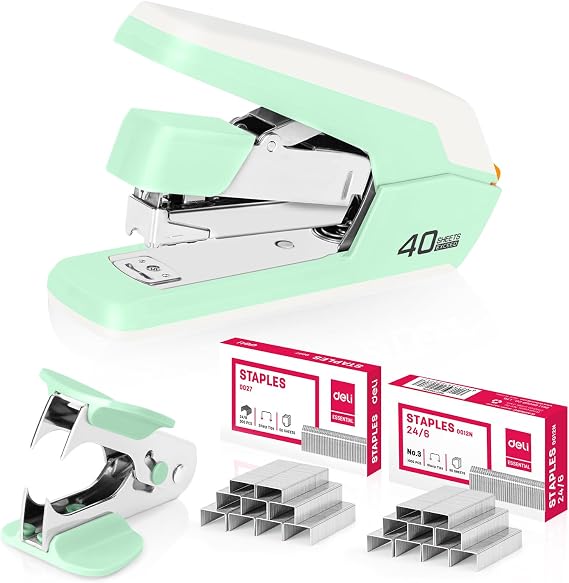 deli Green Effortless Desktop Stapler with 1500 Staples & Remover
