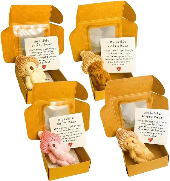 4 Set Handmade Mini Plush Teddy Bear, Worry Bear Hug in a Box, Mini Plush Bear with Inspirational Card Sympathy Gift, Desk Accessories, Motivational Gifts for Lovers and friends