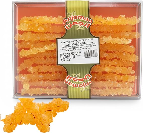 Anjoman Saffron Rock Candy 500g – Crystal Nabat Sugar Sticks – Infused Tea Sweetener for Hot Drinks & Traditional Serving