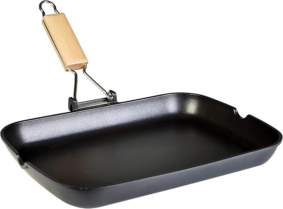 WECOOK! Ecostone Grill Induction Smooth 13.4 x 24 cm, Non-stick ILAG PFOA-free, Cast Aluminum, 5 mm Thick, Folding Wooden Handle, Suitable for All Cookers, Ceramic, Gas