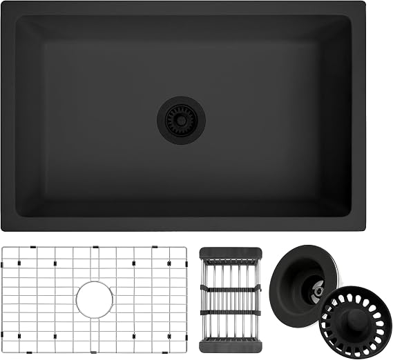 Black Kitchen Sink, 30 Inch Granite Composite Undermount Single Bowl Sink