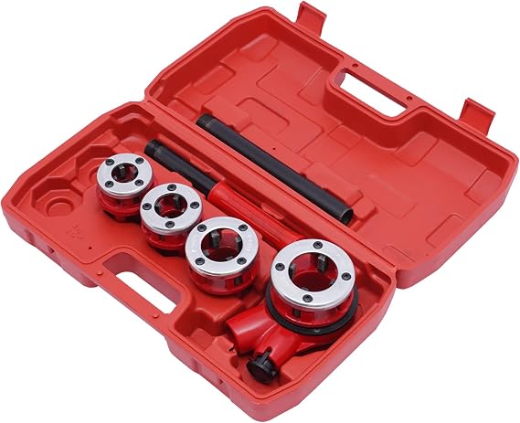 Pipe Threading Kit, Manual Pipe Threading Kit Set Pipe Threader Tool and Firm Case, Portable Pipe Threading Tool with 4 Dies 1/2" 3/4" 1" 1-1/4"