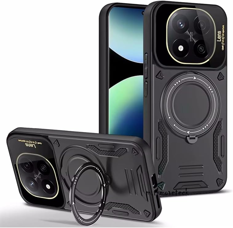 m.tk moveteck Xiaomi Redmi Note 14 Pro 5G ile Uyumlu Kılıf, Magsafe Dönebilen Halkalı Standlı, Military Zırh Kapak, Siyah, Gold Detaylı