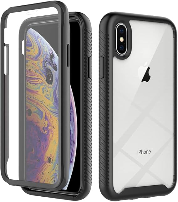 Knoowcase for iPhone X Case Built-in Screen Protector iPhone XS Phone Case Shockproof Full Body Protection Rubber Bumper Stylish Clear Rugged Back Shell Cover,Black