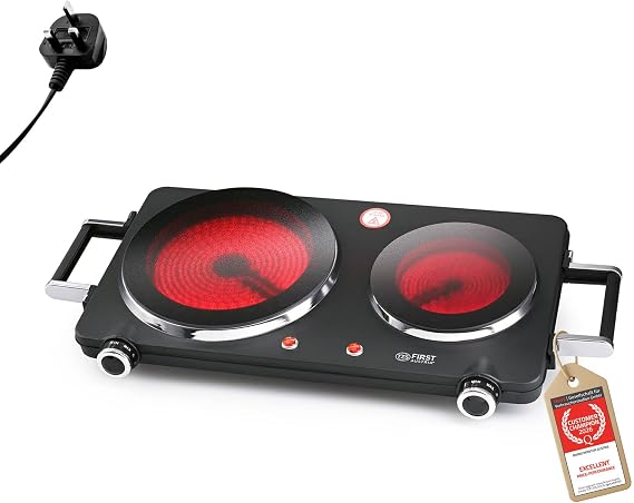 TZS First Austria - Infrared Hot Plate with handles Double Glass Ceramic Stove Plate ALL Pot Types 1500W - Portable Hob Electric Cooktop for Camping & Apartment - Stepless Adjustment & Indicator Light