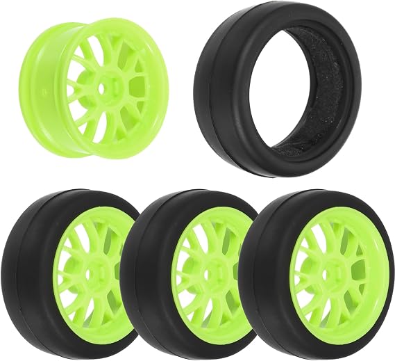 sourcing map 4-Pair High-Grip RC Car Tire & Wheel Set for 1/10 Scale On-Road Touring Cars - Soft Rubber Tyres with 12mm Hubs, Green